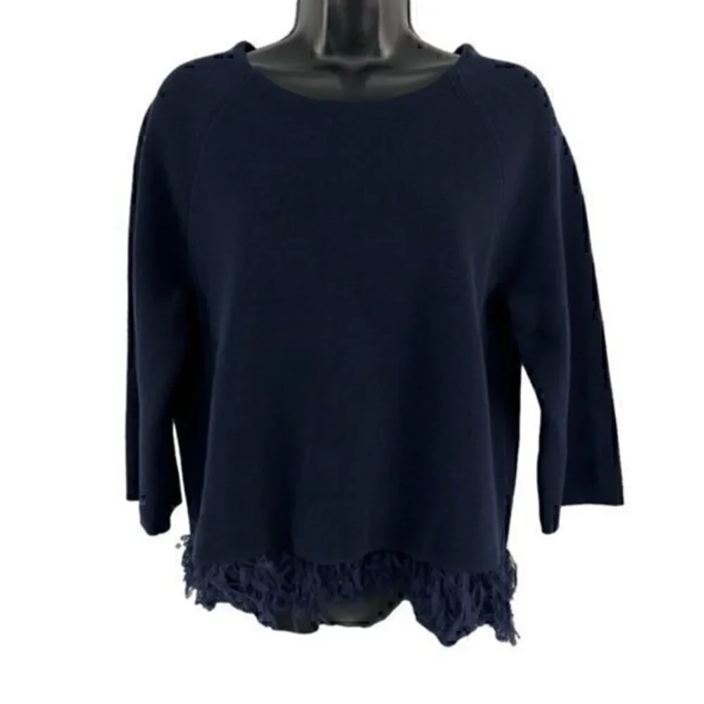 J. Crew Silk Laser Cut Chiffon Fringe 3/4 Sleeve Sweater Top Navy Blue Small‎